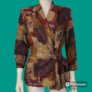 VTG 1990s MERYL FASHIONS LTD Oxblood buckle floral patchwork surplice shacket
